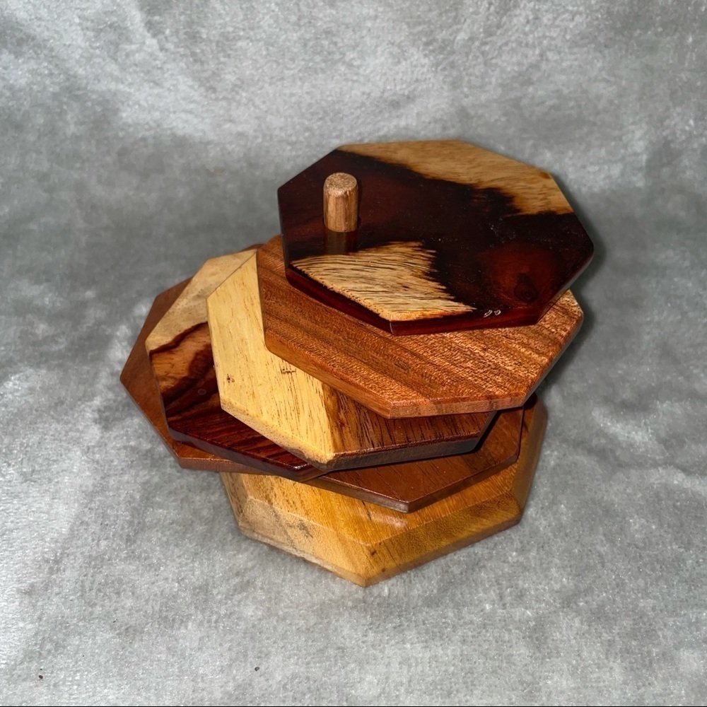 Handmade Wood Octagon Coasters Set of 6 with Holder Geometric Home Decor